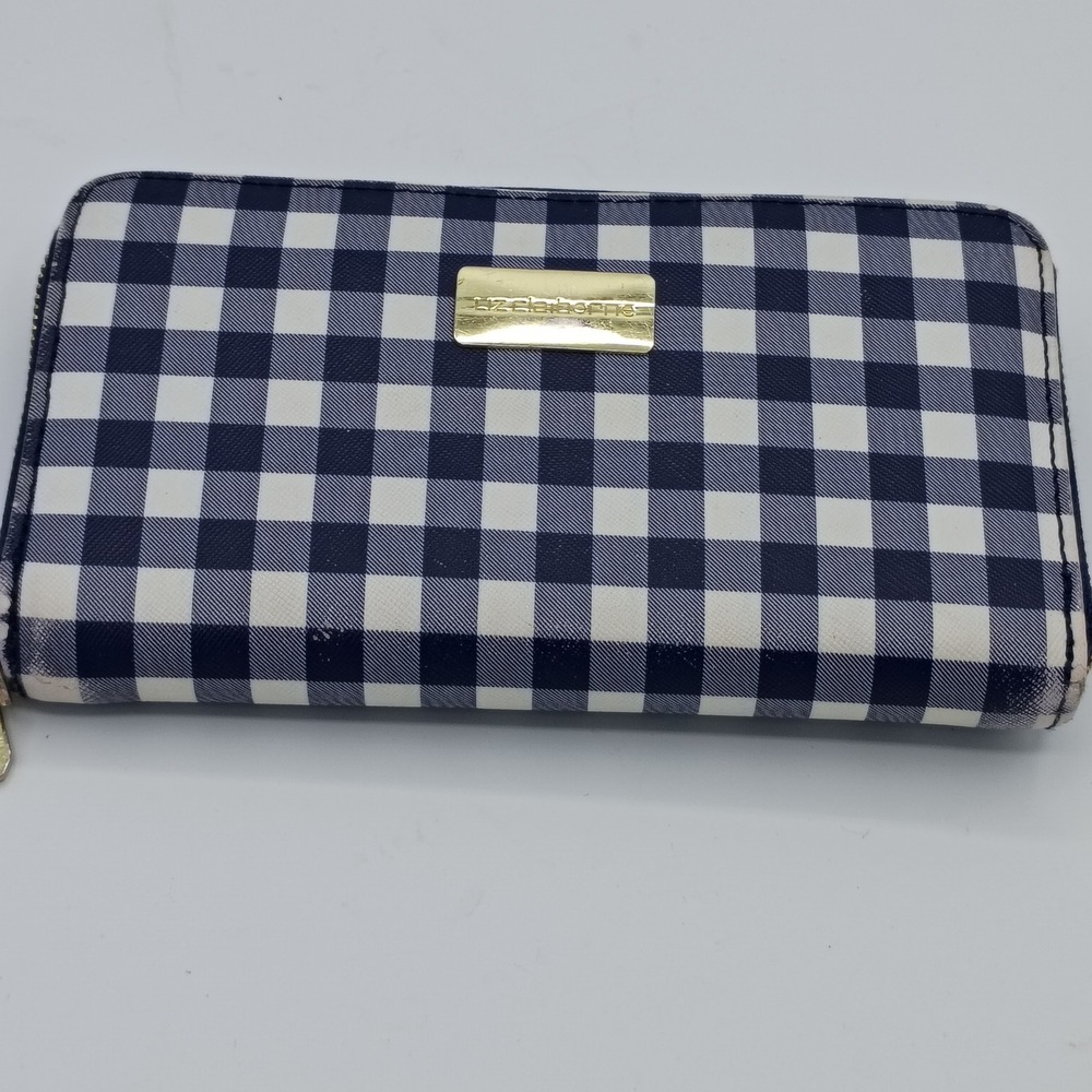 Liz Claiborne Womens Gingham Zip Around Wallet Navy White OS Preppy
